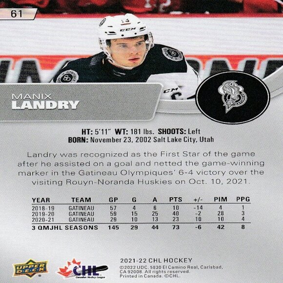 Manix Landry (Gatineau Olympique) 2021/2022 UD CHL Hockey Card - Card Number 61 - Picture 2 of 2